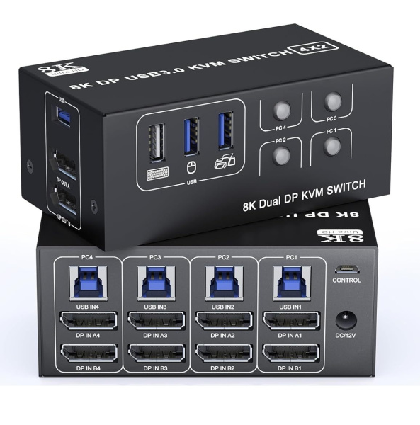 Адаптер – KVM-переключатель 4×2 DisplayPort v1.4 – 8K 60Гц / 4K 120Гц, USB3.0, алюминий