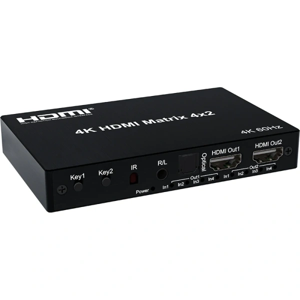 Матричный коммутатор - свитч-сплиттер 4×2 HDMI PRO, 4K 60HZ, оптика (Toslink/SPDIF), jack 3.5mm (AUX), пульт, черный
