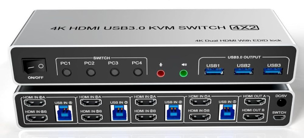 Адаптер - KVM-переключатель 4×2 HDMI v2.0 – 4K 60Гц, USB3.0, jack 3.5 мм + MIC, алюминий