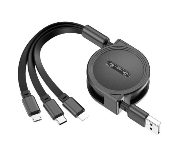 Универсальный зарядный кабель 3-в-1 USB Type-C - Lightning - MicroUSB с боксом для скрутки, 2А, 1 метр, черный Универсальный зарядный кабель 3-в-1 USB Type-C - Lightning - MicroUSB с боксом для скрутки, 2А, 1 метр, черный