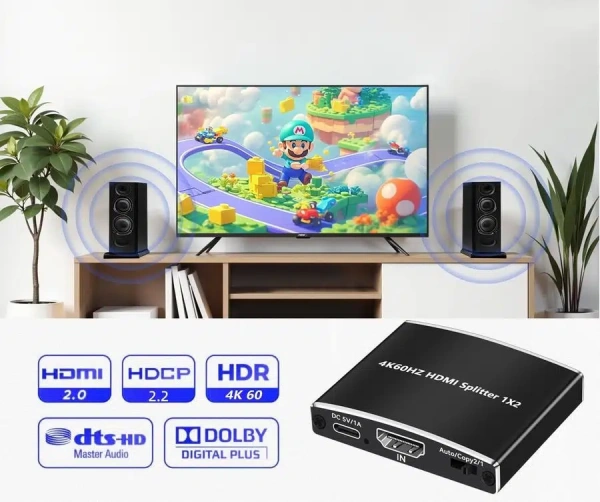 Cплиттер - разветвитель 1×2 HDMI 2.0 PRO UltraHD 4K 60Гц, 18.5 Гбит/c, поддержка HDCP2.2, HDR, EDID, 600MHz, черный Cплиттер - разветвитель 1×2 HDMI 2.0 PRO UltraHD 4K 60Гц, 18.5 Гбит/c, поддержка HDCP2.2, HDR, EDID, 600MHz, черный