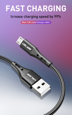 Зарядный USB дата кабель USLION MicroUSB для быстрой зарядки, 2.4A, 1м, черный