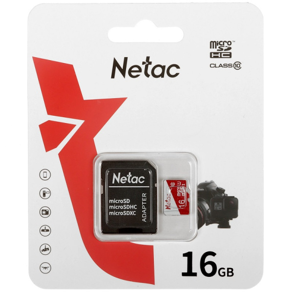 Катра памяти MicroSDXC 16GB Netac NT02P500ECO-016G-R, класс 10, SD-адаптер