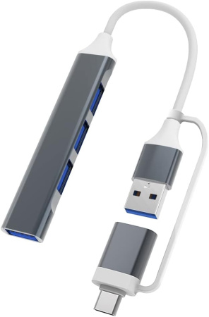 Адаптер - хаб USB3.1 Type-C/USB3.0 Type-A на USB3.0 - 3x USB2.0, серый