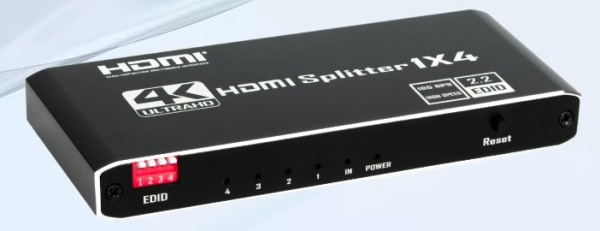 Сплиттер - разветвитель 1×4 HDMI 2.0b – 4K 60Гц, HDCP 2.2, HDR, Scaler (EDID), алюминий, черный
