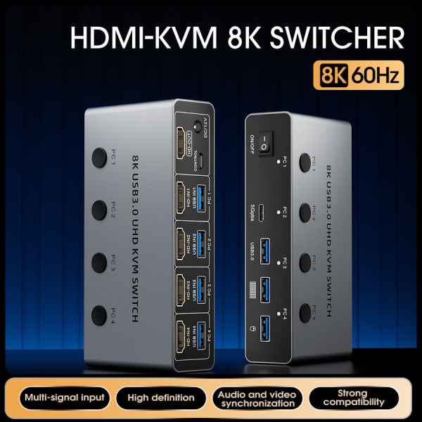 Адаптер - 4-х портовый KVM-переключатель HDMI v2.1 – 8K 60Гц, USB3.0, HDR, алюминий