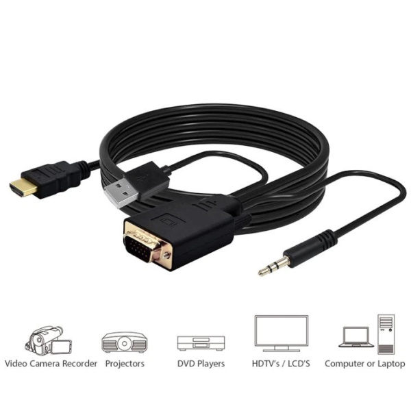 Кабель HDMI - VGA - jack 3.5mm (AUX) - USB, FullHD 1080p, 1,8 метра, черный Кабель HDMI - VGA - jack 3.5mm (AUX) - USB, FullHD 1080p, 1,8 метра, черный