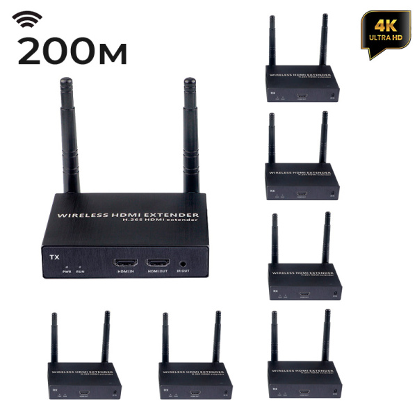 Удлинитель HDMI сигнала по Wi-Fi до 200 метров, UltraHD 4K, 1 приемник + 6 передатчиков