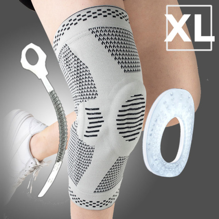 Фиксатор коленного сустава с силиконовой вставкой и пружинной опорой - бандаж на колено - ортопедический эластичный наколенник - спортивная компрессионная нескользящая поддержка для колена, размер XL, серый