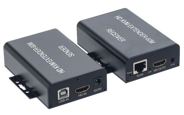 KVM-удлинитель HDMI USB по витой паре RJ45 UTP (LAN) до 60 метров, FullHD 1080p, комплект, с креплениями, черный