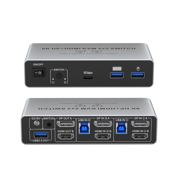 Адаптер – KVM-переключатель 2×2 HDMI v2.1 + DisplayPort v1.4 – 8K 60Гц / 4K 240Гц, USB3.0, HDR, алюминий