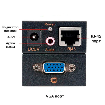 Удлинитель сигнала VGA по витой паре RJ45 (LAN) - jack 3.5mm (AUX) до 100 метров, активный, комплект, черный