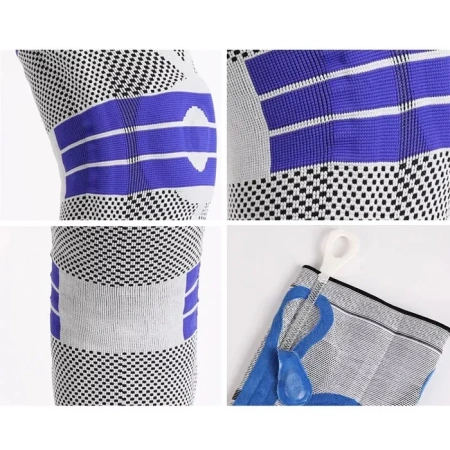 Фиксатор коленного сустава с силиконовой вставкой и пружинной опорой - бандаж на колено - ортопедический эластичный наколенник - спортивная компрессионная нескользящая поддержка для колена, размер XL, серо-синий