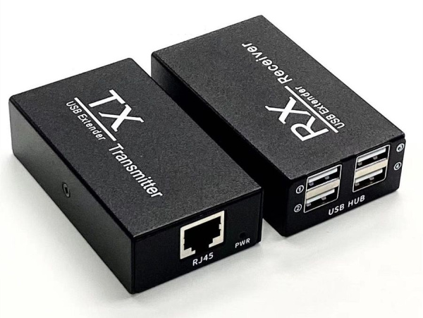 Адаптер - USB удлинитель по сетевому кабелю RJ45 до 200 метров для клавиатуры, мышки, камеры, принтера, комплект, черный Адаптер - USB удлинитель по сетевому кабелю RJ45 до 200 метров для клавиатуры, мышки, камеры, принтера, комплект, черный