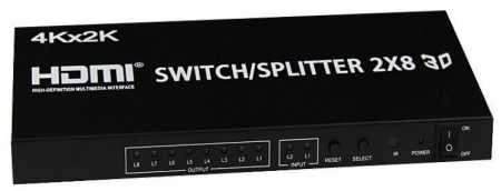 Матричный коммутатор - свитч-сплиттер 2×8 HDMI, 4K 3D, пульт, черный
