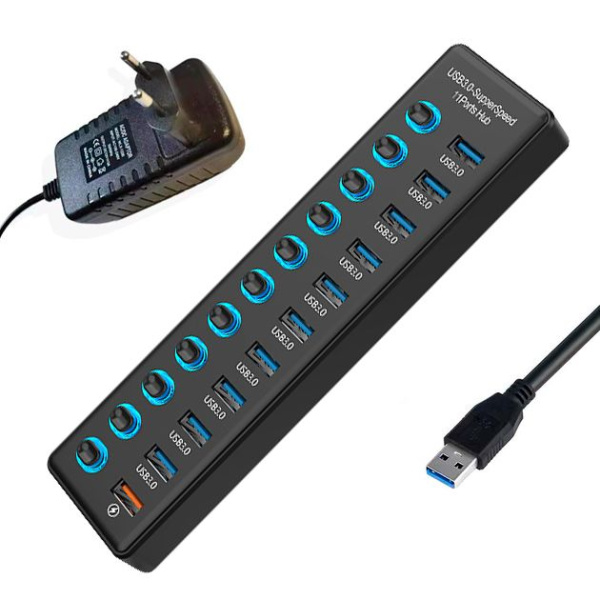 Хаб - концентратор USB3.0 11 портов mod. 611-10/1, до 5 Гбит/с, активный 12V с кнопками, быстрая зарядка, ABS-пластик