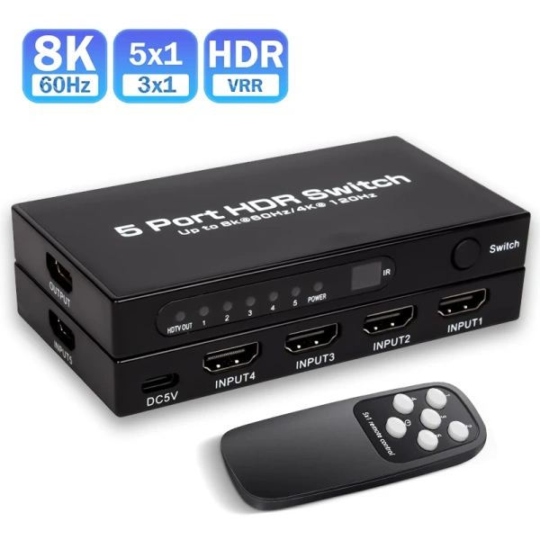 Адаптер - переключатель - свитч 5×1 HDMI 2.1 UltraHD 8K 60Гц, HDCP 2.3, пульт ДУ, активный, черный