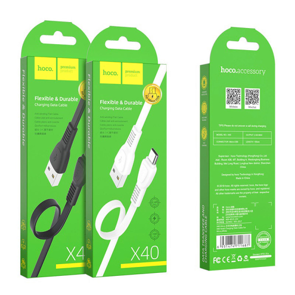 Зарядный USB дата кабель HOCO X40 MicroUSB, 2.4A, 1м, плоский, белый Зарядный USB дата кабель HOCO X40 MicroUSB, 2.4A, 1м, плоский, белый