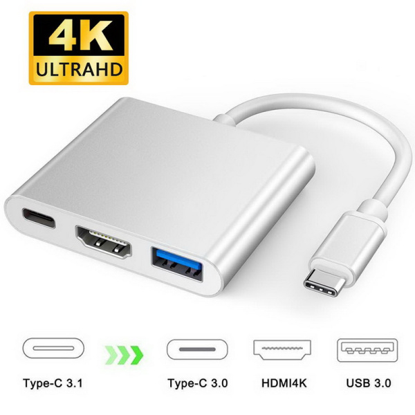 Адаптер - переходник - хаб USB3.1 Type-C на HDMI - USB3.1 Type-C - USB3.0, серебро Адаптер - переходник - хаб USB3.1 Type-C на HDMI - USB3.1 Type-C - USB3.0, серебро