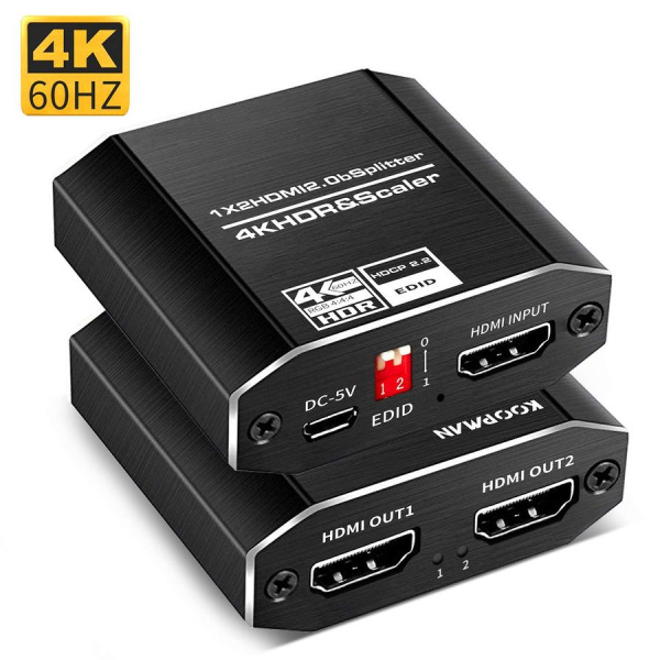Сплиттер - разветвитель 1×2 HDMI 2.0b – 4K 60Гц, HDCP 2.2, HDR, Scaler (EDID), алюминий, черный