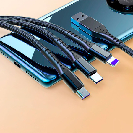 Универсальный зарядный кабель 3-в-1 USB Type-C - Lightning - MicroUSB, 5А, 1.2 метра, черный