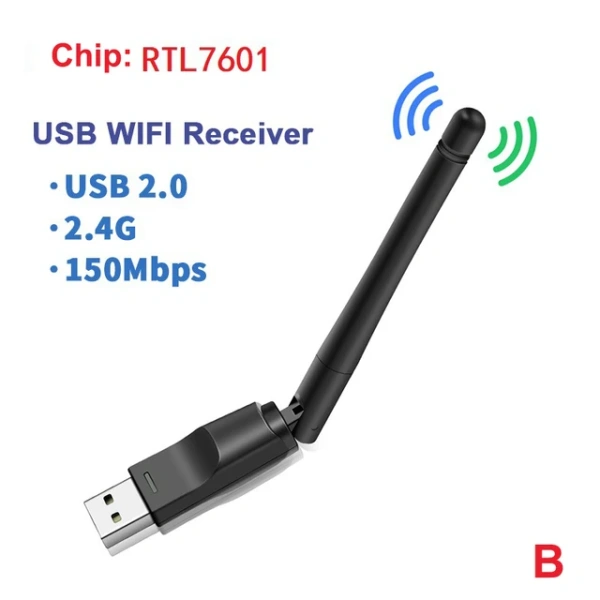Адаптер USB - Wi-Fi, ресивер для IPTV DVB-T2, 150Мбит/с 2.4Гц, чип MT7601, черный Адаптер USB - Wi-Fi, ресивер для IPTV DVB-T2, 150Мбит/с 2.4Гц, чип MT7601, черный