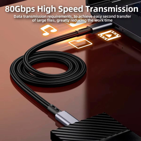 Кабель USB5.0 Type-C чип E-Marker, 16K 60Гц, PD 240W (48V/5A), 80 Гбит/с, оплетка, поддержка Thunderbolt 3/4/5, 1 метр