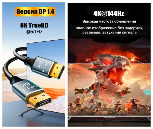 Кабель DisplayPort v1.4 (DP1.4) -8K 60Гц / 4K 144Гц / 2K 165Гц, поддержка HDR, 32.4 Гбит/с, 3 метра