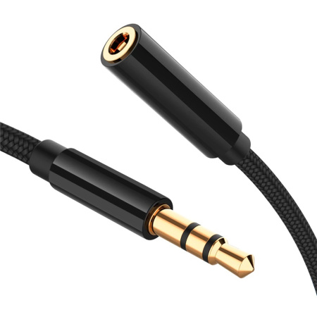 Кабель jack 3.5mm (AUX), папа-мама, 1 метр, ткань, черный