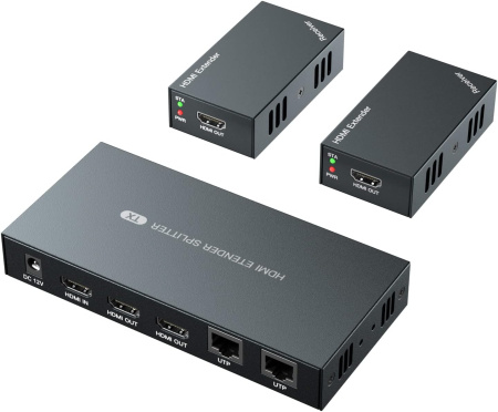 Разветвитель, сплиттер HDMI 1x2 FullHD 1080p до 60 метров - удлинитель сигнала по витой паре RJ45 UTP (LAN), ver.01, активный, комплект, черный