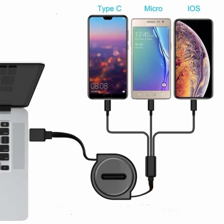 Универсальный зарядный кабель 3-в-1 USB Type-C - Lightning - MicroUSB с боксом для скрутки, 2А, 1 метр, черный