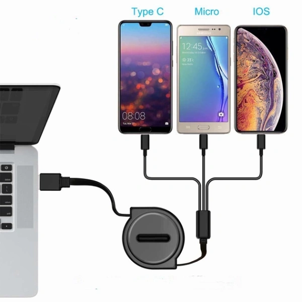 Универсальный зарядный кабель 3-в-1 USB Type-C - Lightning - MicroUSB с боксом для скрутки, 2А, 1 метр, черный Универсальный зарядный кабель 3-в-1 USB Type-C - Lightning - MicroUSB с боксом для скрутки, 2А, 1 метр, черный