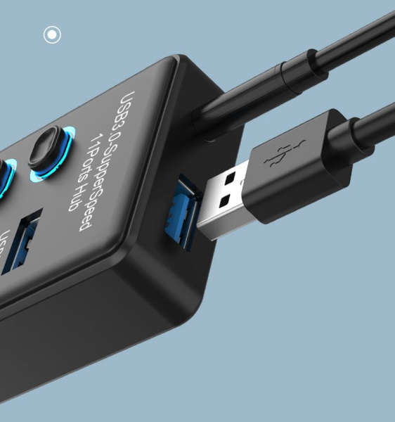 Хаб - концентратор USB3.0 11 портов mod. 611-10/1, до 5 Гбит/с, активный 12V с кнопками, быстрая зарядка, ABS-пластик