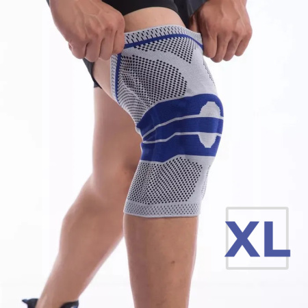 Фиксатор коленного сустава с силиконовой вставкой и пружинной опорой - бандаж на колено - ортопедический эластичный наколенник - спортивная компрессионная нескользящая поддержка для колена, размер XL, серо-синий