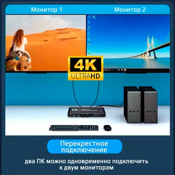 KVM-переключатель 2х2 HDMI 4K USB3.0, для двух мониторов, черный KVM-переключатель 2х2 HDMI 4K USB3.0, для двух мониторов, черный