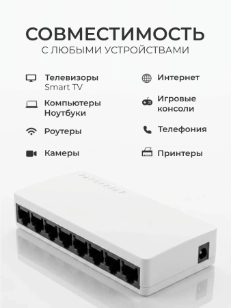 Сетевой свитч – LAN разветвитель – хаб RJ45 на 8 портов, 10/100 Мбит/с, индикация, белый