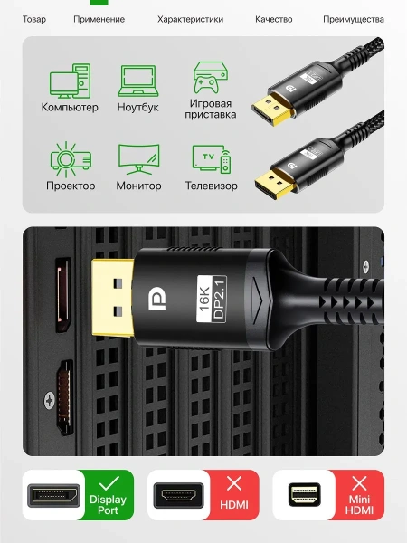 Кабель DisplayPort - DisplayPort v2.1 16K30Hz / 8K60Hz / 4K240Hz, 80Gps, 12 бит, папа-папа, 1 метр, в оплетке, черный