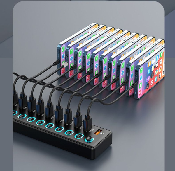 Хаб - концентратор USB3.0 11 портов mod. 611-10/1, до 5 Гбит/с, активный 12V с кнопками, быстрая зарядка, ABS-пластик