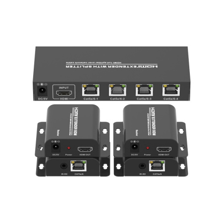 Разветвитель, сплиттер HDMI 1x4 FullHD 1080p до 60 метров - удлинитель сигнала по витой паре RJ45 UTP (LAN), ver.01, активный, комплект, черный