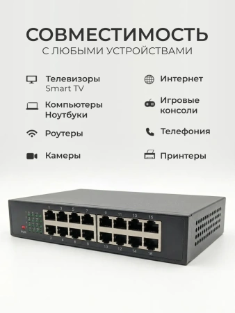 Сетевой свитч – LAN разветвитель – хаб RJ45 на 16 портов, 10/100 Мбит/с, металлический корпус, черный