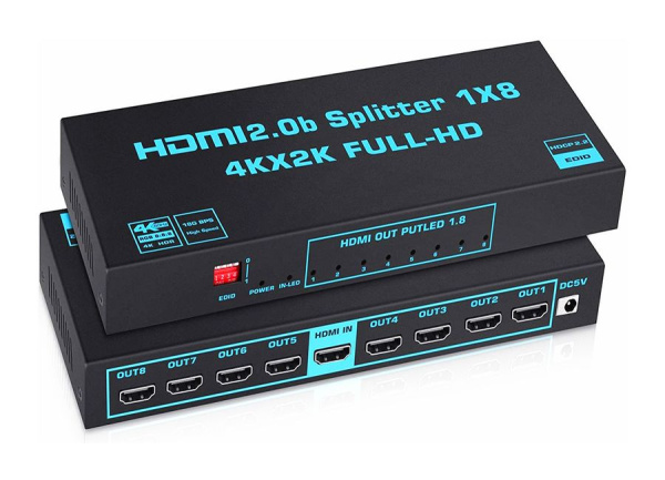 Cплиттер - разветвитель 1×8 HDMI 2.0b PRO UltraHD 4K 60Гц, 18.5 Гбит/c, поддержка HDCP2.2, HDR, EDID, 600MHz, черный Cплиттер - разветвитель 1×8 HDMI 2.0b PRO UltraHD 4K 60Гц, 18.5 Гбит/c, поддержка HDCP2.2, HDR, EDID, 600MHz, черный