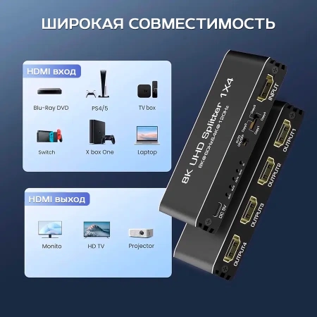 Cплиттер - разветвитель 1×4 HDMI UltraHD 8K 60Гц / 4K 120Гц, до 48 Гбит/c, поддержка HDCP2.3 и Dolby Vision, черный