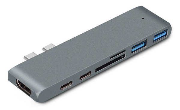 Адаптер - переходник - хаб 7in1 2x USB3.1 Type-C на HDMI - 2x USB3.0 - 2x USB3.1 Type-C - картридер TF/SD, серый Адаптер - переходник - хаб 7in1 2x USB3.1 Type-C на HDMI - 2x USB3.0 - 2x USB3.1 Type-C - картридер TF/SD, серый