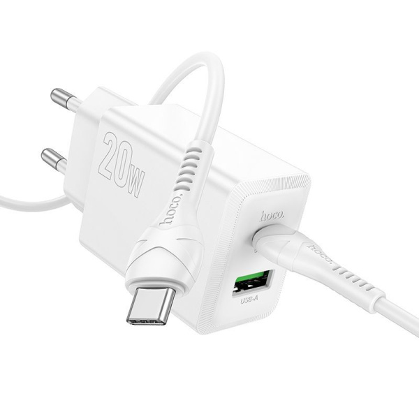 Зарядное устройство сетевое - блок питания HOCO N69 с кабелем, USB Type-C PD20W + USB QC3.0, белый