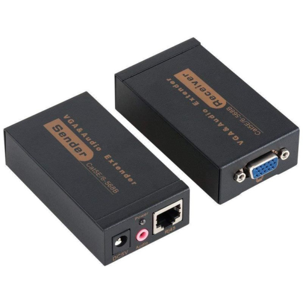 Удлинитель сигнала VGA по витой паре RJ45 (LAN) - jack 3.5mm (AUX) до 100 метров, активный, комплект, черный Удлинитель сигнала VGA по витой паре RJ45 (LAN) - jack 3.5mm (AUX) до 100 метров, активный, комплект, черный
