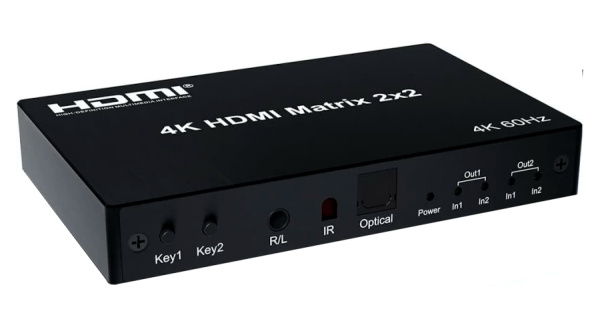 Матричный коммутатор - свитч-сплиттер 2×2 HDMI PRO, 4K 60HZ, оптика (Toslink/SPDIF), jack 3.5mm (AUX), пульт, черный