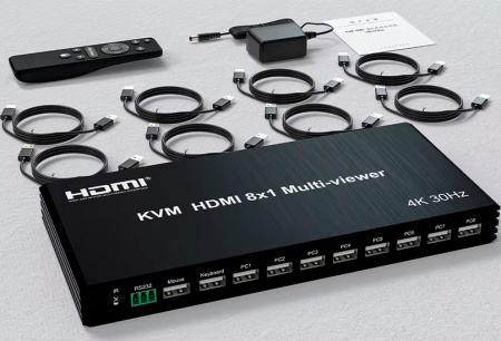 KVM-переключатель 8-ми портовый HDMI 4K USB с функцией делителя экрана, RS232, пульт ДУ, черный