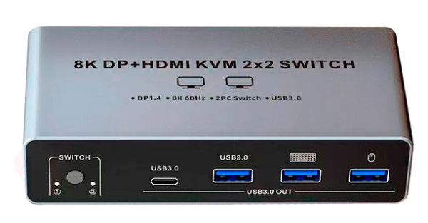 Адаптер – KVM-переключатель 2×2 HDMI v2.1 + DisplayPort v1.4 – 8K 60Гц / 4K 240Гц, USB3.0, HDR, алюминий