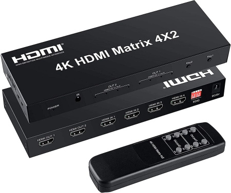 Матричный коммутатор - свитч-сплиттер 4×2 HDMI, 4K 3D, оптика (Toslink/SPDIF), jack 3.5mm (AUX), пульт, черный