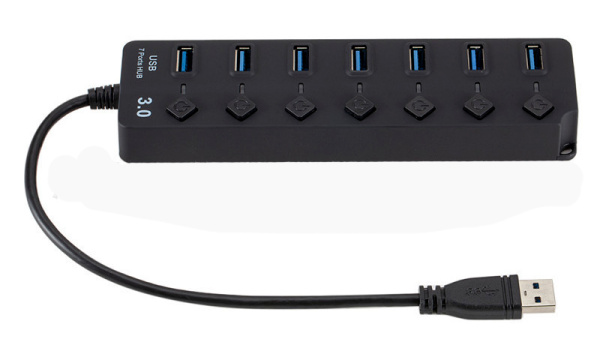 Хаб - концентратор USB3.0 - 7х USB3.0, MOD02 вертикальный с кнопками, активный, черный Хаб - концентратор USB3.0 - 7х USB3.0, MOD02 вертикальный с кнопками, активный, черный